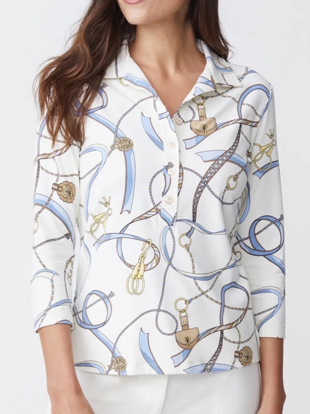 J. MCLAUGHLIN White Button Polo Collared Blue & Gold Chain Print Equestrian XS